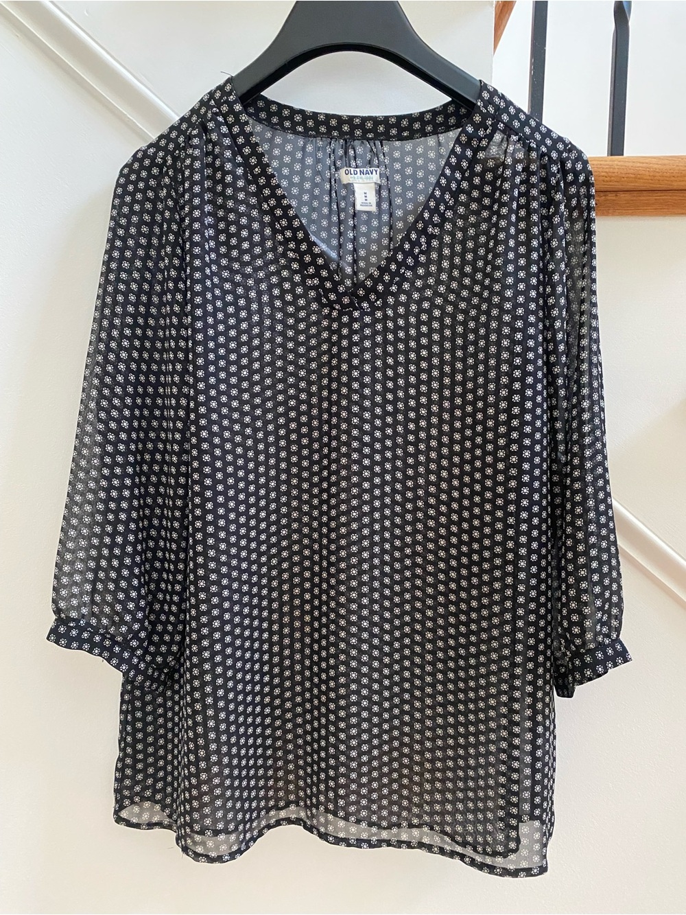 Old Navy Black Sheer V-Neck Blouse with White Dot Print